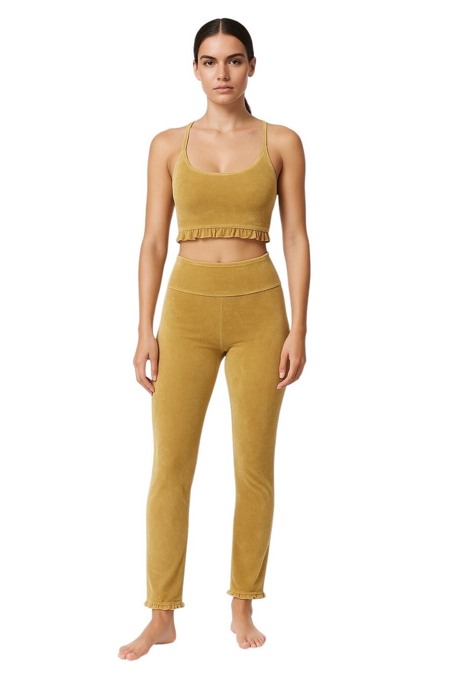 JoyLab Yellow Gold Velour Velvet Sleeveless Crop Top Leggings Pants 2 Pc Set XS